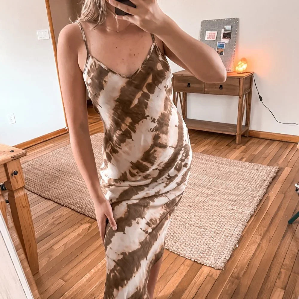 SW3 Bespoke 100% Silk Brown Tie Dye V Neck Going Out Strappy Slip Maxi Dress M